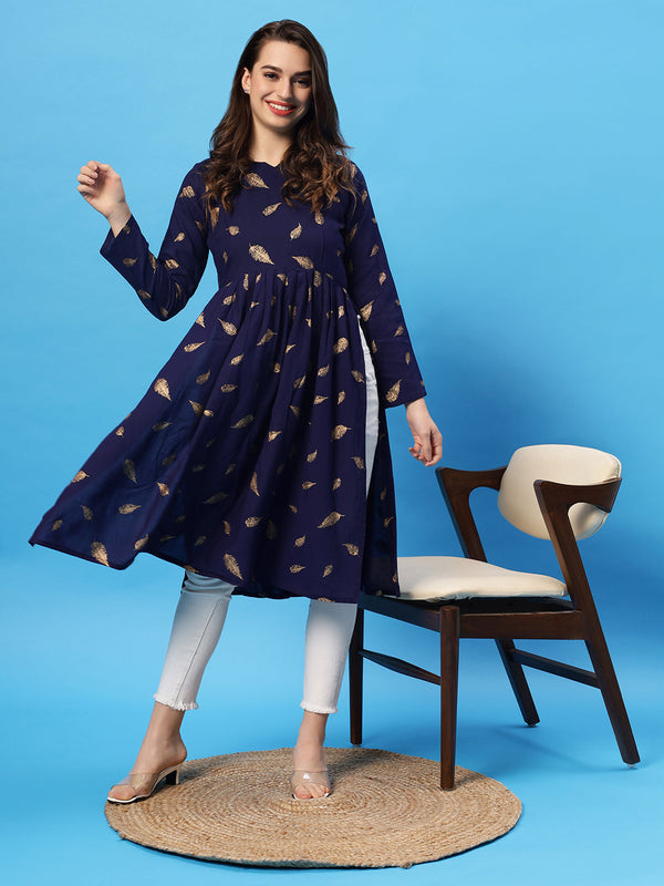 Sea & Mast - Regular Fit Foil Print Cotton Long Nyra Cut, Alia Cut Kurti, Slip On, Knee Length, Dark Blue Navy, Plus Size