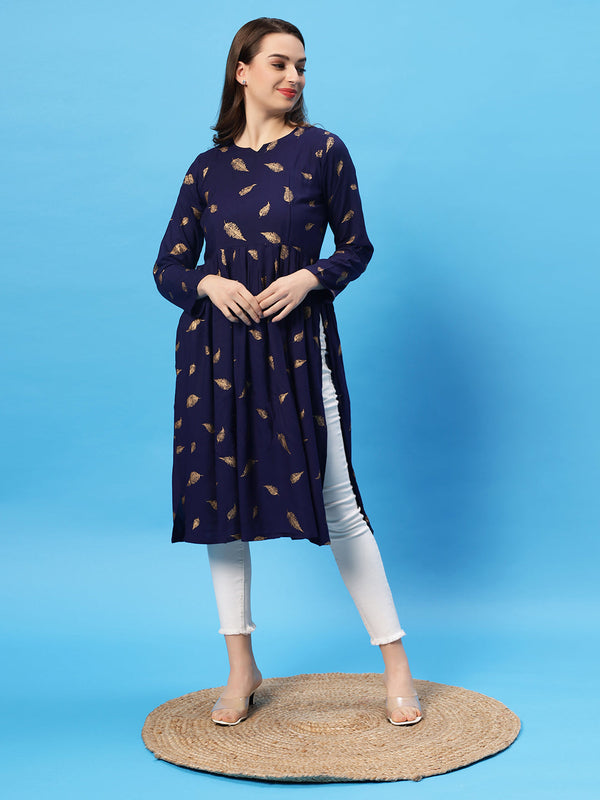 Sea & Mast - Regular Fit Foil Print Cotton Long Nyra Cut, Alia Cut Kurti, Slip On, Knee Length, Dark Blue Navy, Custom