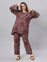 Sea & Mast - Oversized Unique Geometric Patterns Poly Co-ords, Slip On, Waist Length With Elasticated Waist Pant, Wine