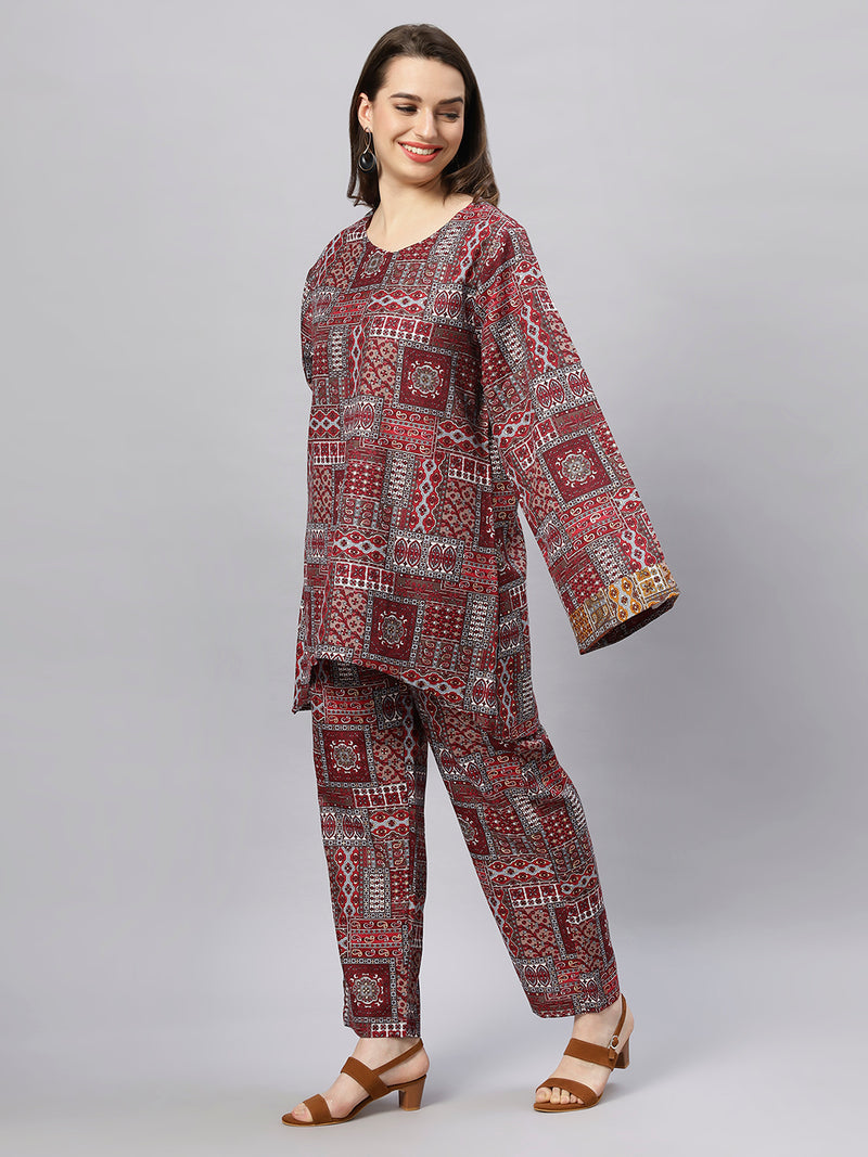 Sea & Mast - Oversized Unique Geometric Patterns Poly Co-ords, Slip On, Waist Length With Elasticated Waist Pant, Wine