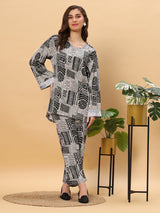 Sea & Mast -  Oversized  Printed Poly Co-ords, Slip On, Waist Length With Elasticated Waist Pant, Black, Plus Size