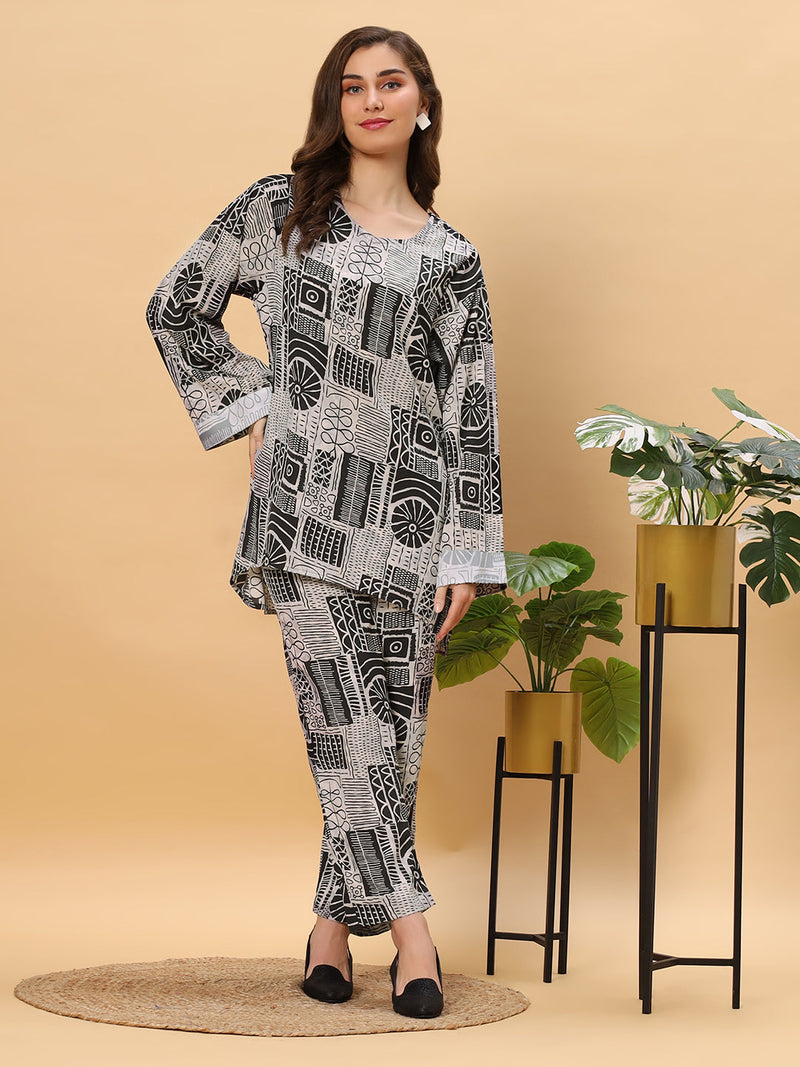 Sea & Mast -  Oversized  Printed Poly Co-ords, Slip On, Waist Length With Elasticated Waist Pant, Black, Custom