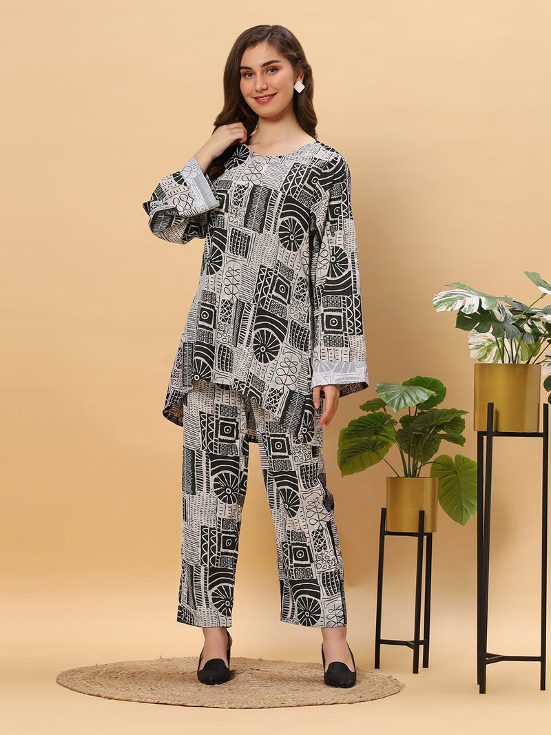 Sea & Mast -  Oversized  Printed Poly Co-ords, Slip On, Waist Length With Elasticated Waist Pant, Black, Custom