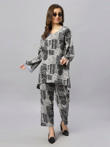 Sea & Mast -  Oversized  Printed Poly Co-ords, Slip On, Waist Length With Elasticated Waist Pant, Black, Plus Size