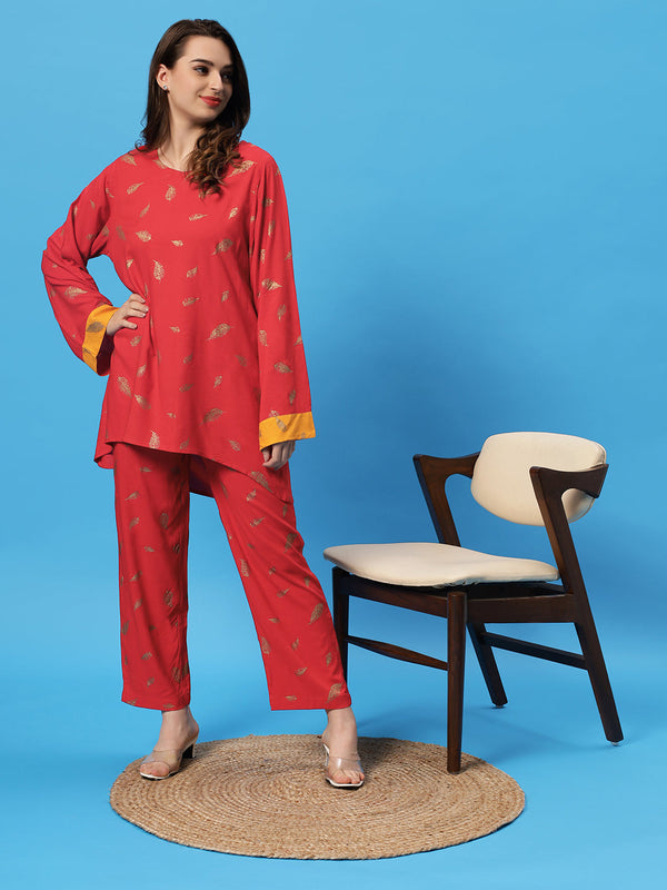 Sea & Mast - Oversized Foil Printed Cotton Co-ords, Slip On, Waist Length With Elasticated Waist Pant, Red, Custom