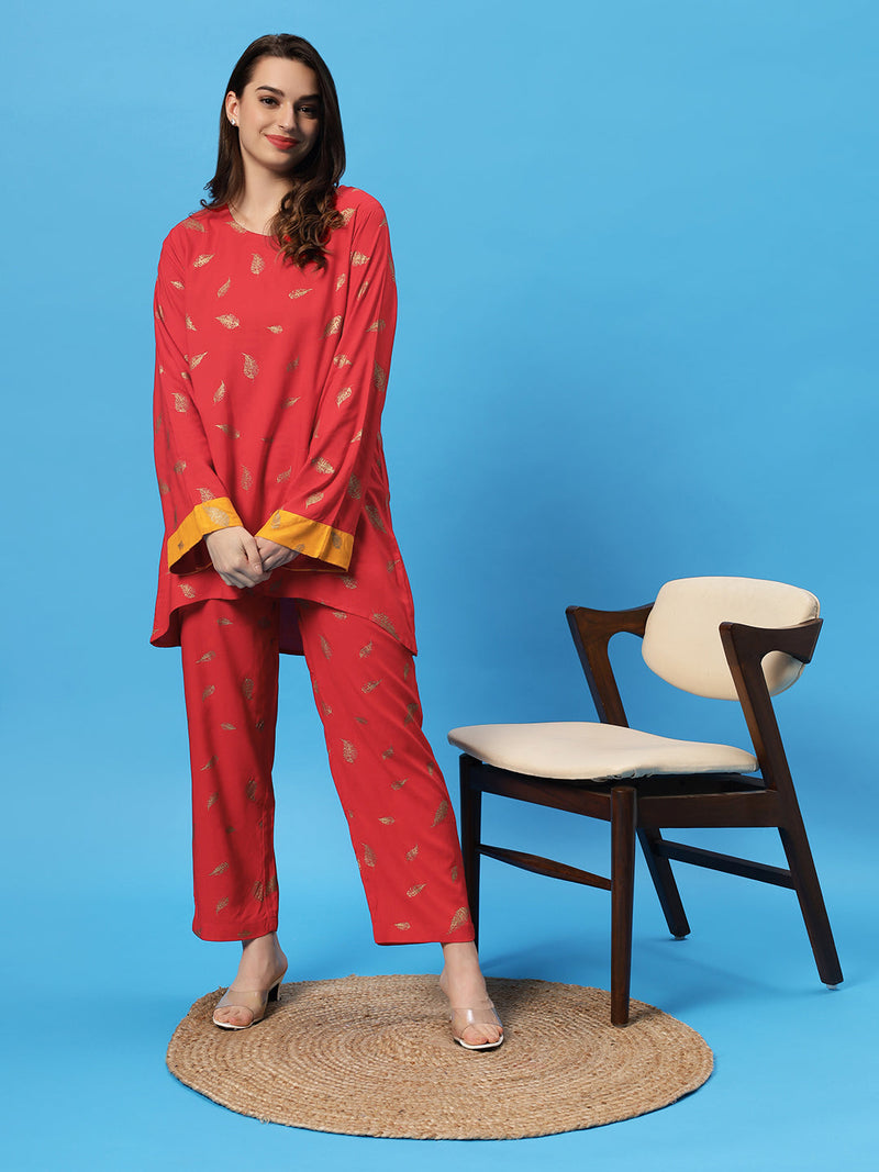 Sea & Mast - Oversized Foil Printed Cotton Co-ords, Slip On, Waist Length With Elasticated Waist Pant, Red, Plus Size