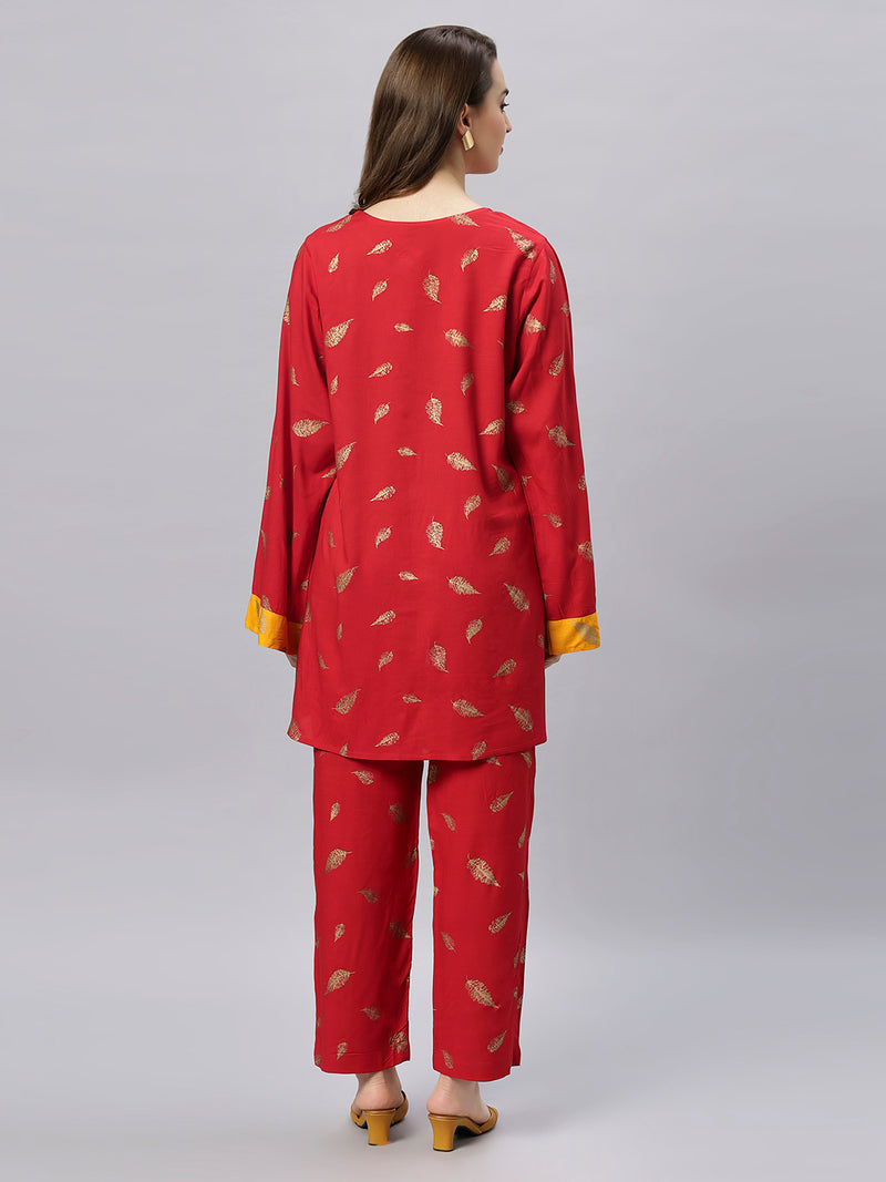 Sea & Mast - Oversized Foil Printed Cotton Co-ords, Slip On, Waist Length With Elasticated Waist Pant, Red