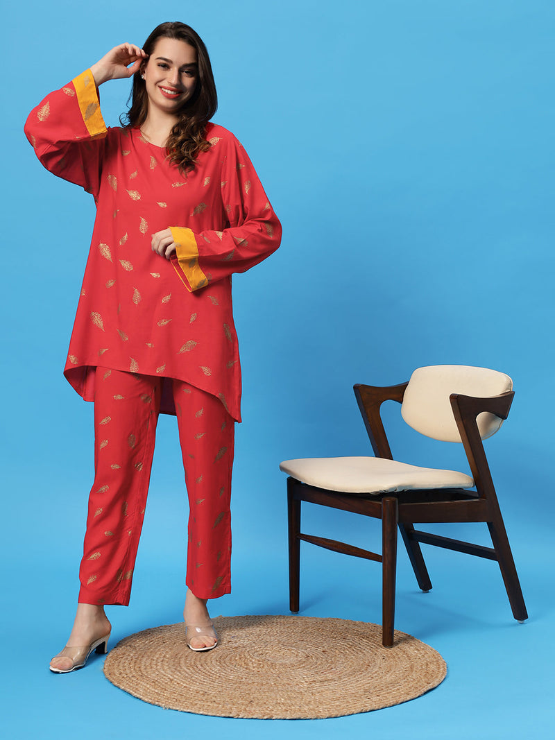 Sea & Mast - Oversized Foil Printed Cotton Co-ords, Slip On, Waist Length With Elasticated Waist Pant, Red, Custom