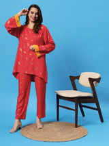 Sea & Mast - Oversized Foil Printed Cotton Co-ords, Slip On, Waist Length With Elasticated Waist Pant, Red, Plus Size