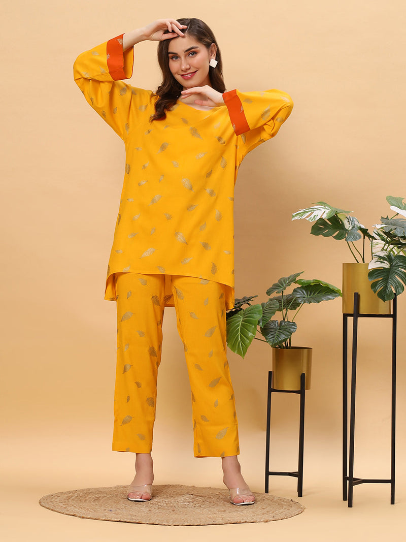 Sea & Mast - Oversized Foil Printed Cotton Co-ords, Slip On, Waist Length With Elasticated Waist Pant, Yellow, Custom