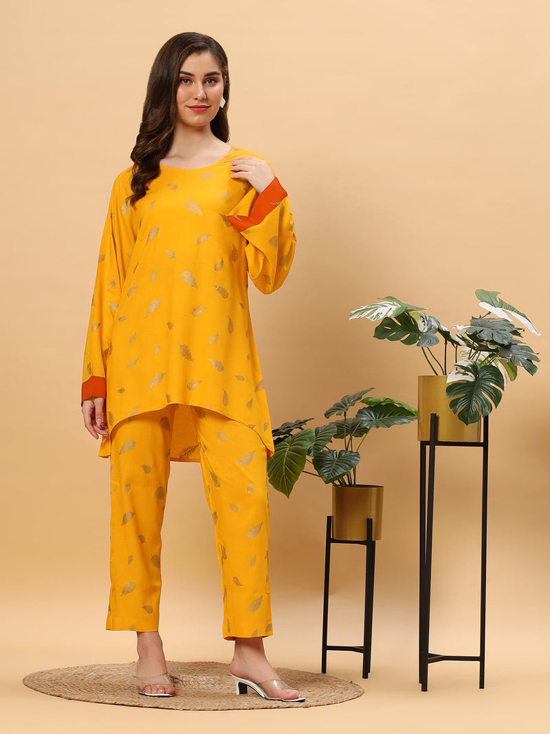 Sea & Mast - Oversized Foil Printed Cotton Co-ords, Slip On, Waist Length With Elasticated Waist Pant, Yellow, Plus Size