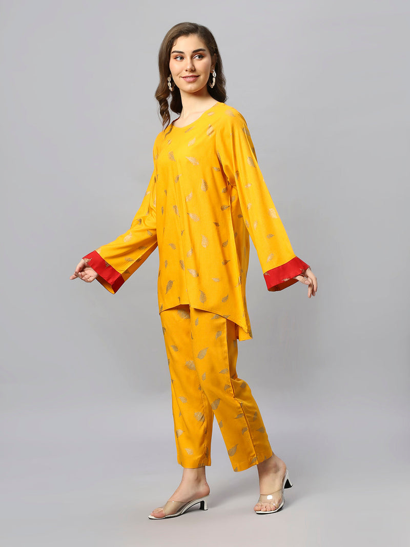 Sea & Mast - Oversized Foil Printed Cotton Co-ords, Slip On, Waist Length With Elasticated Waist Pant, Yellow, Plus Size