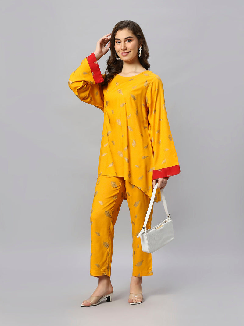 Sea & Mast - Oversized Foil Printed Cotton Co-ords, Slip On, Waist Length With Elasticated Waist Pant, Yellow, Custom