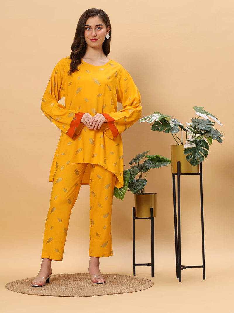 Sea & Mast - Oversized Foil Printed Cotton Co-ords, Slip On, Waist Length With Elasticated Waist Pant, Yellow, Plus Size