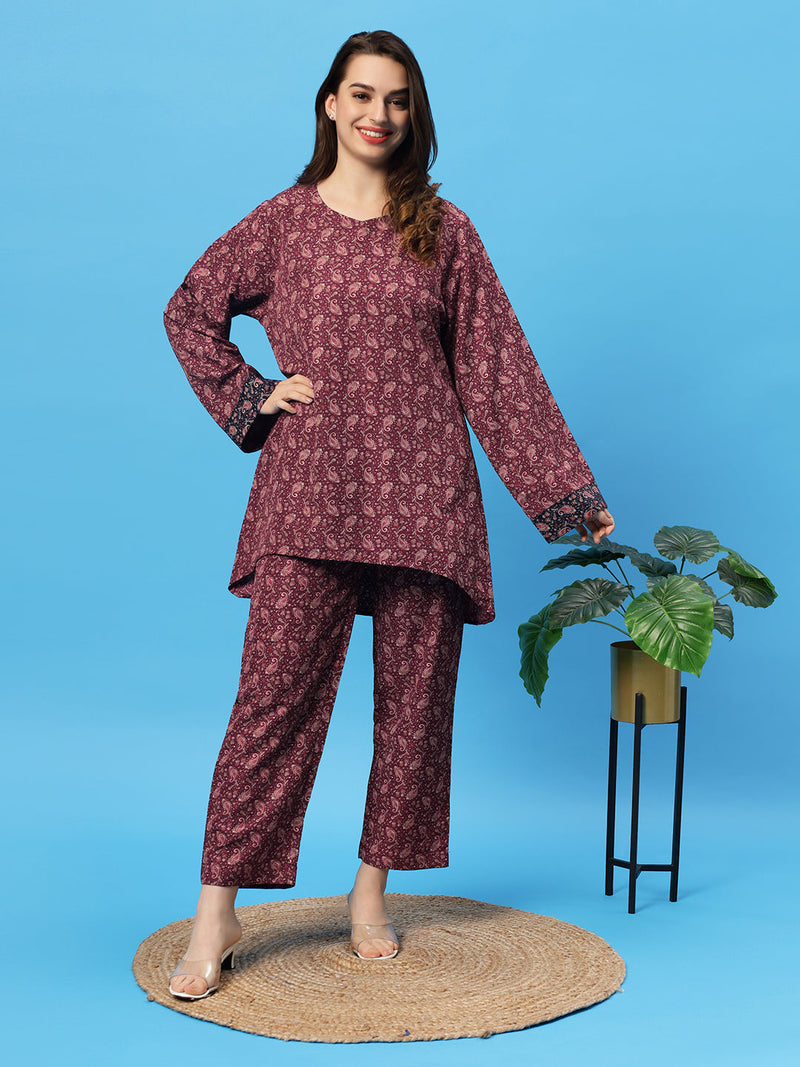 Sea & Mast - Oversized Paisley Printed Poly Co-ords, Slip On, Waist Length With Elasticated Waist Pant, Wine, Plus Size