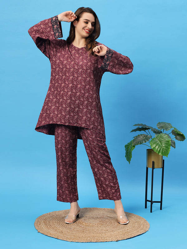 Sea & Mast - Oversized Paisley Printed Poly Co-ords, Slip On, Waist Length With Elasticated Waist Pant, Wine, Custom