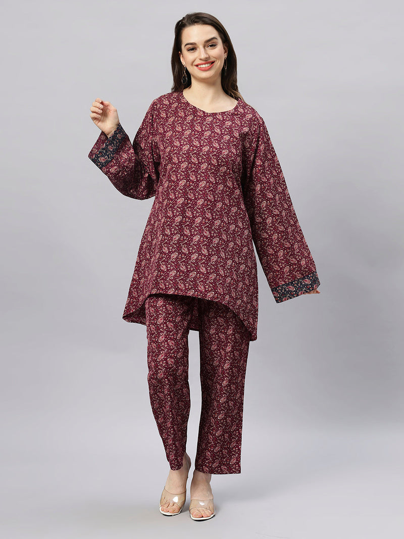 Sea & Mast - Oversized Paisley Printed Poly Co-ords, Slip On, Waist Length With Elasticated Waist Pant, Wine, Custom