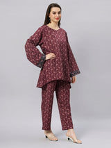 Sea & Mast - Oversized Paisley Printed Poly Co-ords, Slip On, Waist Length With Elasticated Waist Pant, Wine, Plus Size