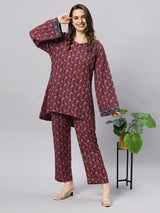 Sea & Mast - Oversized Paisley Printed Poly Co-ords, Slip On, Waist Length With Elasticated Waist Pant, Wine, Plus Size