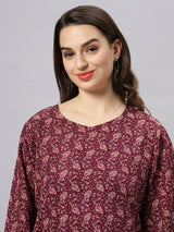 Sea & Mast - Oversized Paisley Printed Poly Co-ords, Slip On, Waist Length With Elasticated Waist Pant, Wine, Plus Size