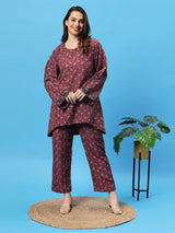 Sea & Mast - Oversized Paisley Printed Poly Co-ords, Slip On, Waist Length With Elasticated Waist Pant, Wine, Plus Size