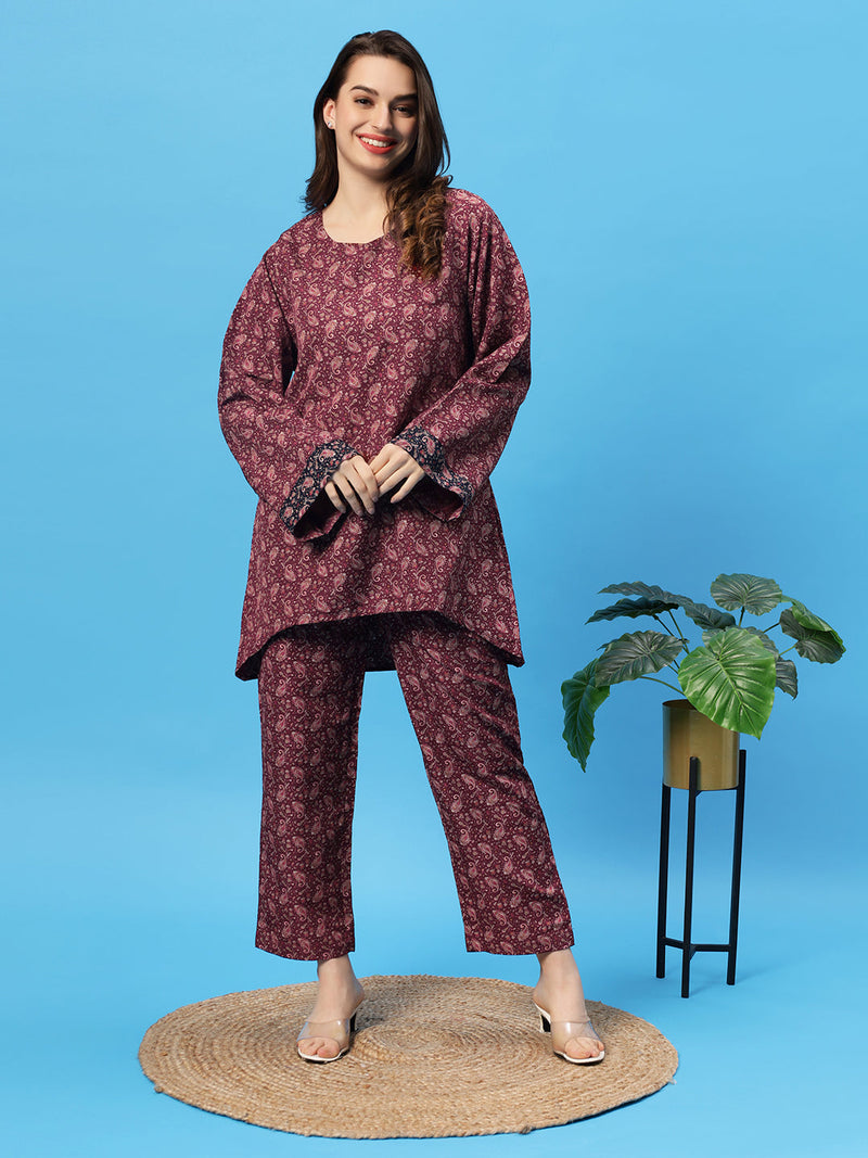 Sea & Mast - Oversized Paisley Printed Poly Co-ords, Slip On, Waist Length With Elasticated Waist Pant, Wine, Custom