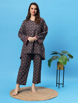 Sea & Mast - Oversized Paisley Printed Poly Co-ords, Slip On, Waist Length With Elasticated Waist Pant, Navy, Plus Size