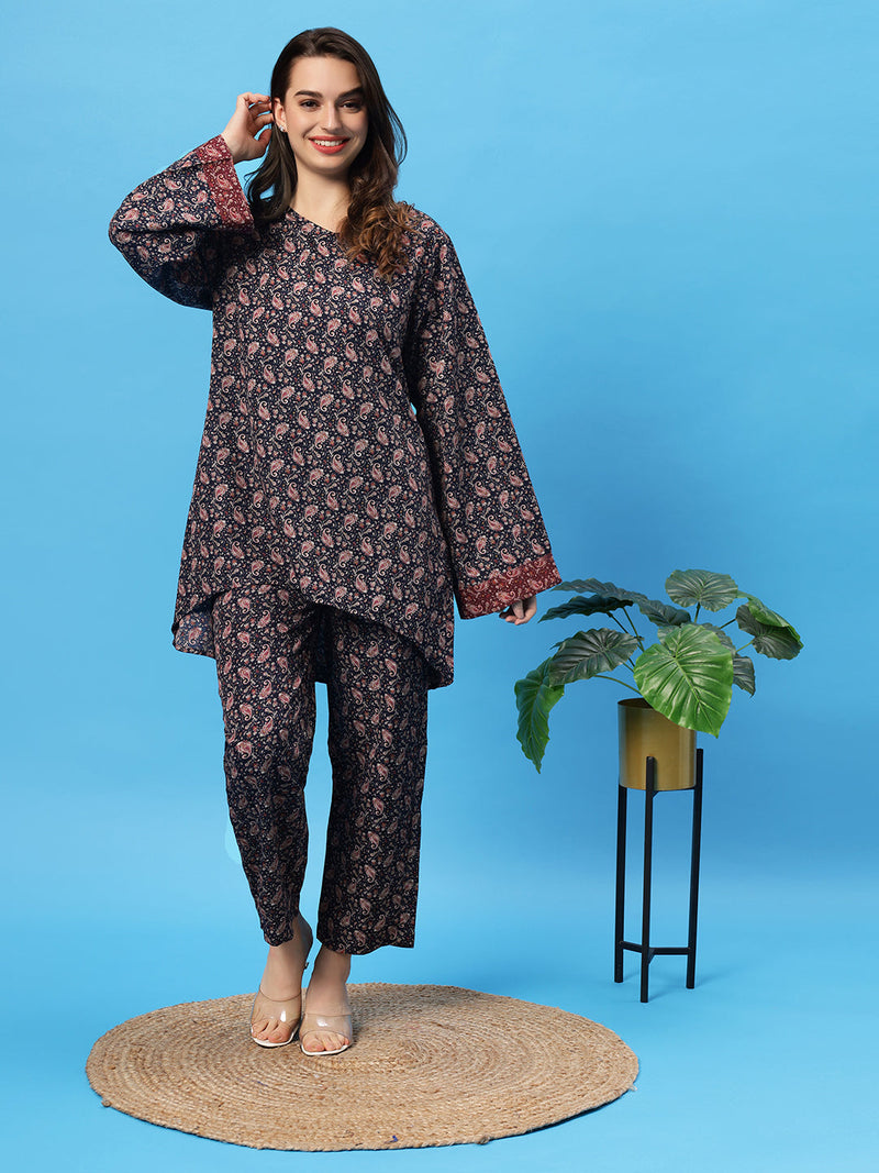 Sea & Mast - Oversized Paisley Printed Poly Co-ords, Slip On, Waist Length With Elasticated Waist Pant, Navy, Plus Size