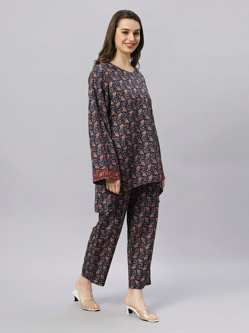 Sea & Mast - Oversized Paisley Printed Poly Co-ords, Slip On, Waist Length With Elasticated Waist Pant, Navy, Custom