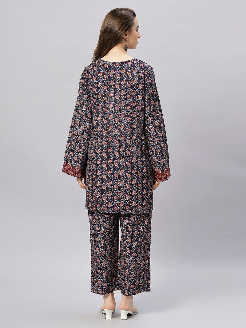 Sea & Mast - Oversized Paisley Printed Poly Co-ords, Slip On, Waist Length With Elasticated Waist Pant, Navy, Plus Size