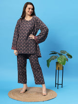 Sea & Mast - Oversized Paisley Printed Poly Co-ords, Slip On, Waist Length With Elasticated Waist Pant, Navy, Plus Size