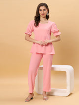 Sea & Mast - Stretchable Regular Fit Textured Poly-Viscose Co-ords, Slip On, Waist Length With Elasticated Waist Pant, Light Pink