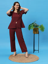 Sea & Mast - Stretchable Regular Fit Textured Poly-Viscose Co-ords, Collared Button Closure, Waist Length With Elasticated Waist Pant, Wine, Plus Size