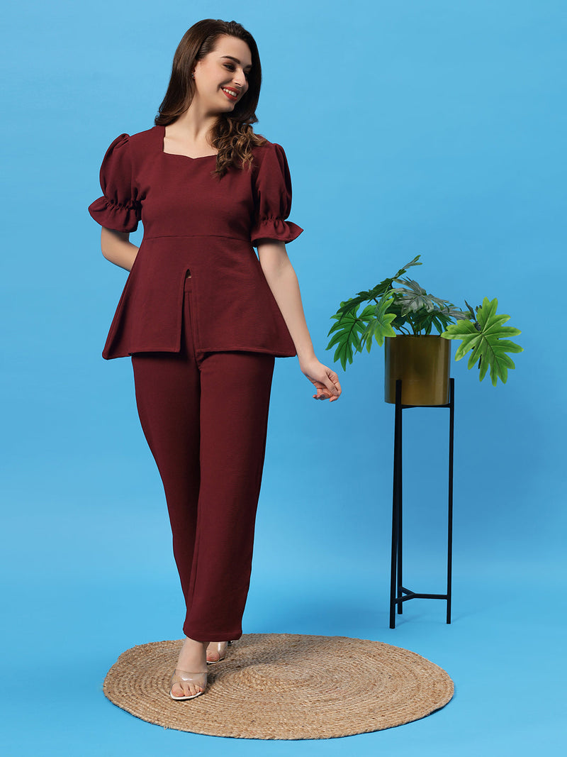 Sea & Mast - Stretchable Regular Fit Textured Poly-Viscose Co-ords, Collared Button Closure, Waist Length With Elasticated Waist Pant, Wine, Plus Size