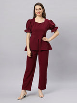 Sea & Mast - Stretchable Regular Fit Textured Poly-Viscose Co-ords, Collared Button Closure, Waist Length With Elasticated Waist Pant, Wine, Plus Size