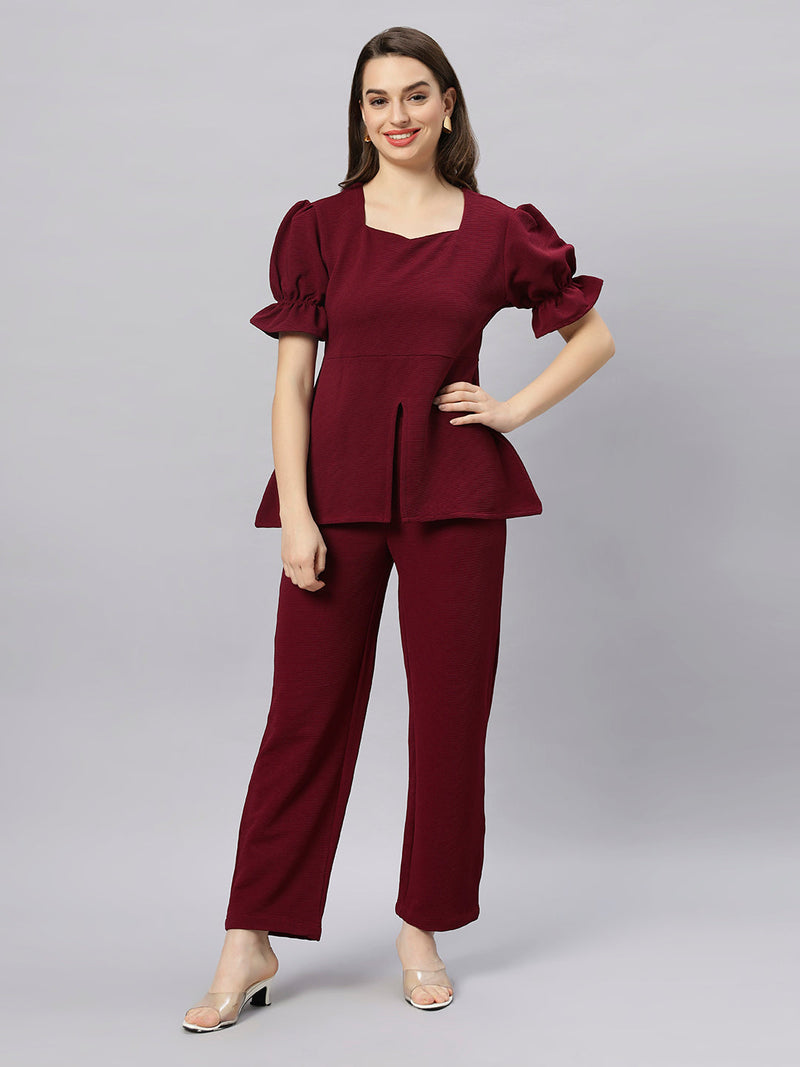 Sea & Mast - Stretchable Regular Fit Textured Poly-Viscose Co-ords, Collared Button Closure, Waist Length With Elasticated Waist Pant, Wine, Plus Size