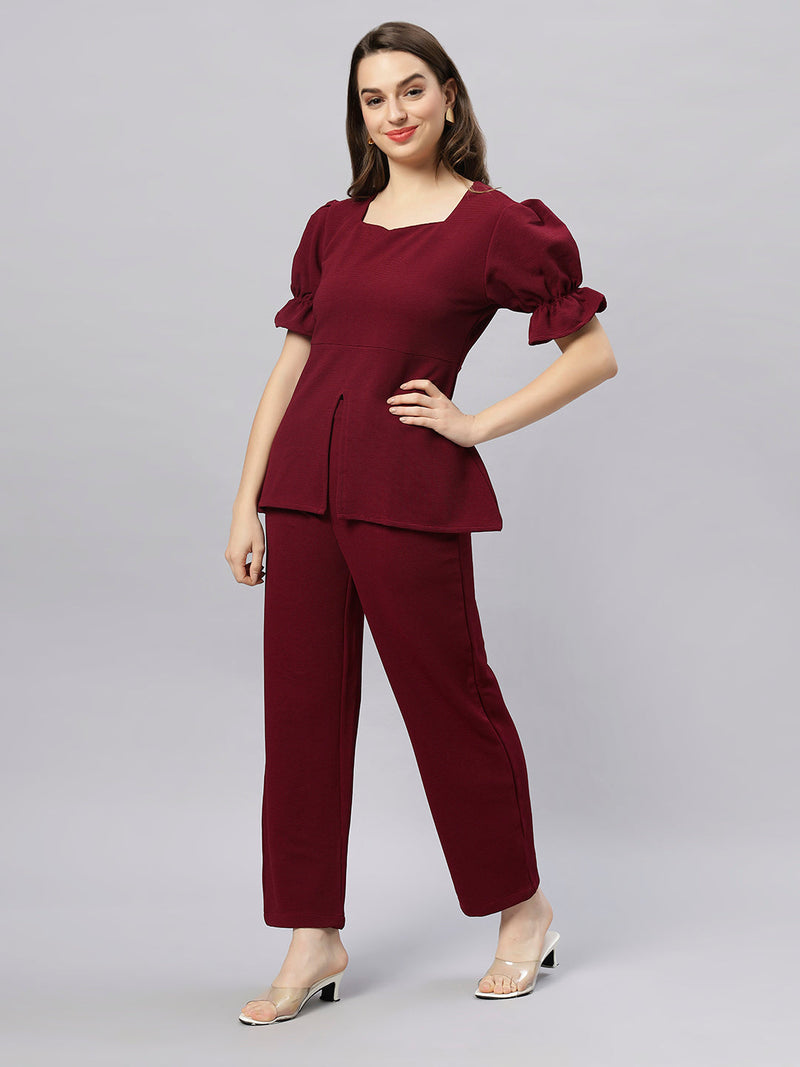 Sea & Mast - Stretchable Regular Fit Textured Poly-Viscose Co-ords, Collared Button Closure, Waist Length With Elasticated Waist Pant, Wine, Custom