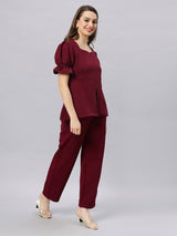 Sea & Mast - Stretchable Regular Fit Textured Poly-Viscose Co-ords, Collared Button Closure, Waist Length With Elasticated Waist Pant, Wine, Custom