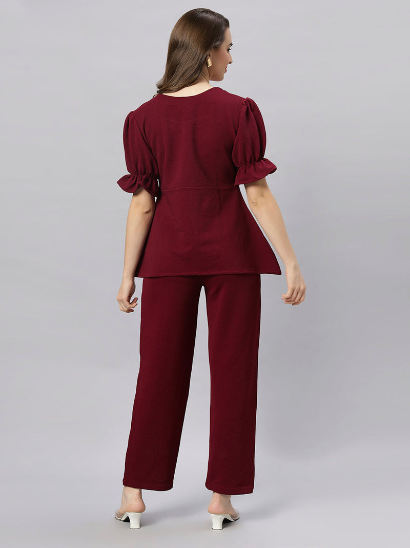 Sea & Mast - Stretchable Regular Fit Textured Poly-Viscose Co-ords, Collared Button Closure, Waist Length With Elasticated Waist Pant, Wine, Custom