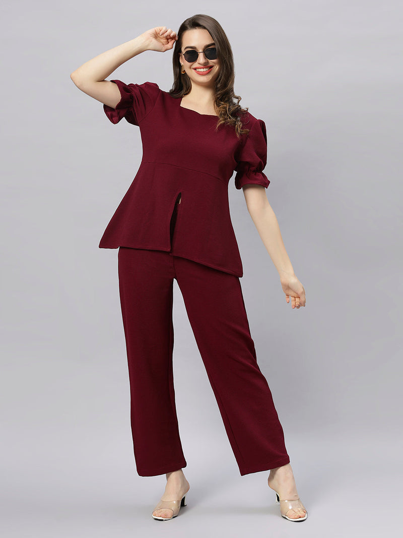 Sea & Mast - Stretchable Regular Fit Textured Poly-Viscose Co-ords, Collared Button Closure, Waist Length With Elasticated Waist Pant, Wine, Custom