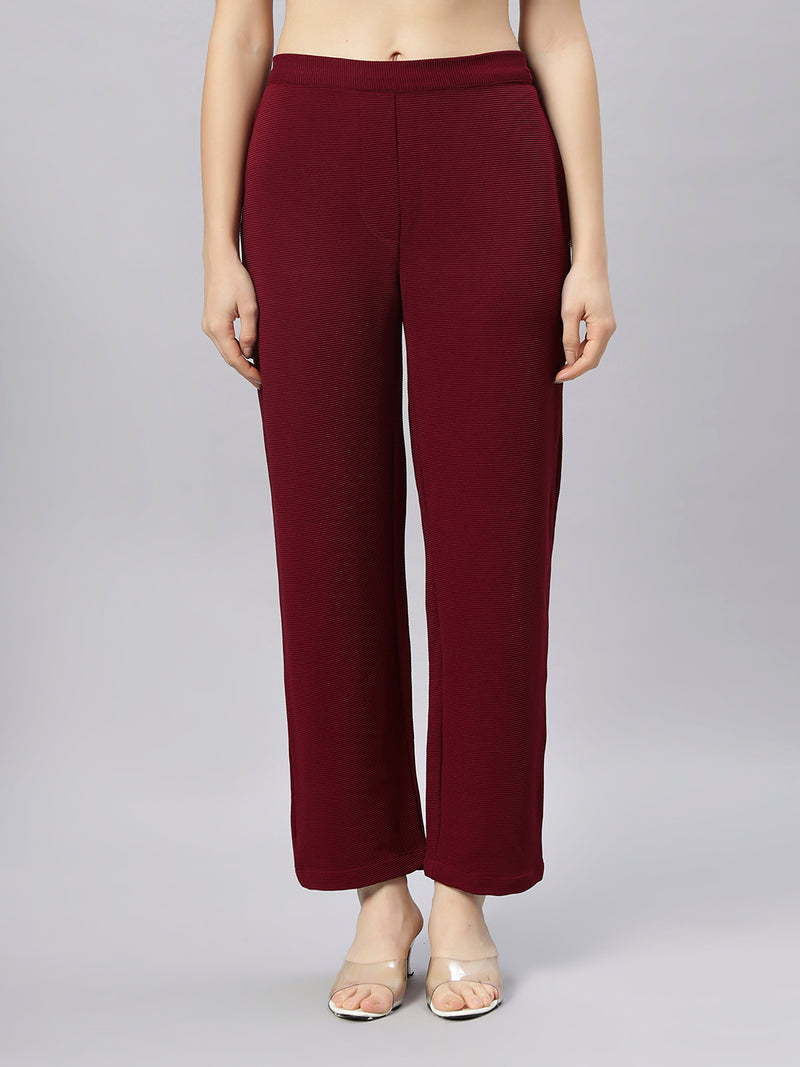 Sea & Mast - Stretchable Regular Fit Textured Poly-Viscose Co-ords, Collared Button Closure, Waist Length With Elasticated Waist Pant, Wine