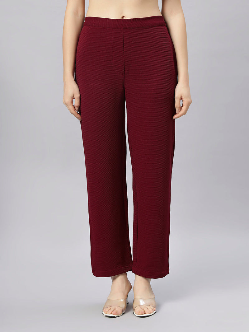 Sea & Mast - Stretchable Regular Fit Textured Poly-Viscose Co-ords, Collared Button Closure, Waist Length With Elasticated Waist Pant, Wine, Plus Size