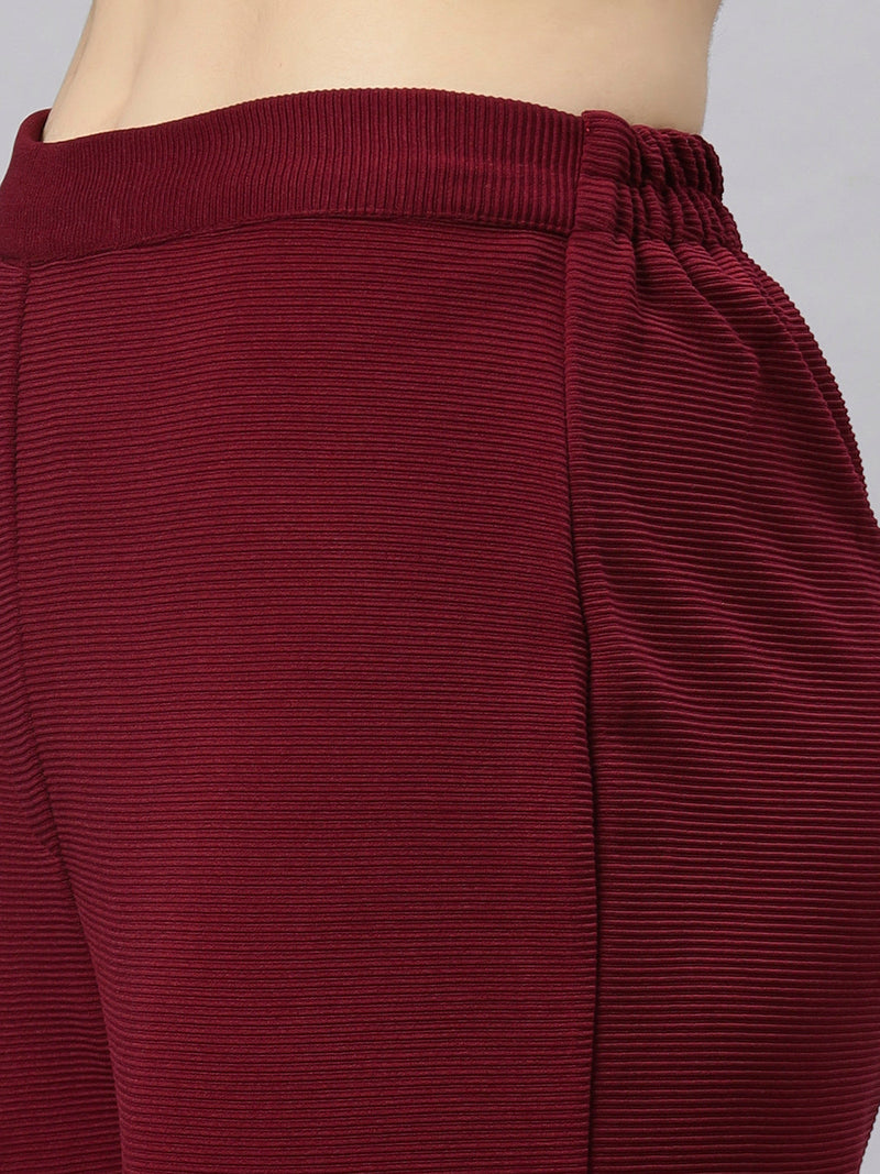 Sea & Mast - Stretchable Regular Fit Textured Poly-Viscose Co-ords, Collared Button Closure, Waist Length With Elasticated Waist Pant, Wine, Plus Size