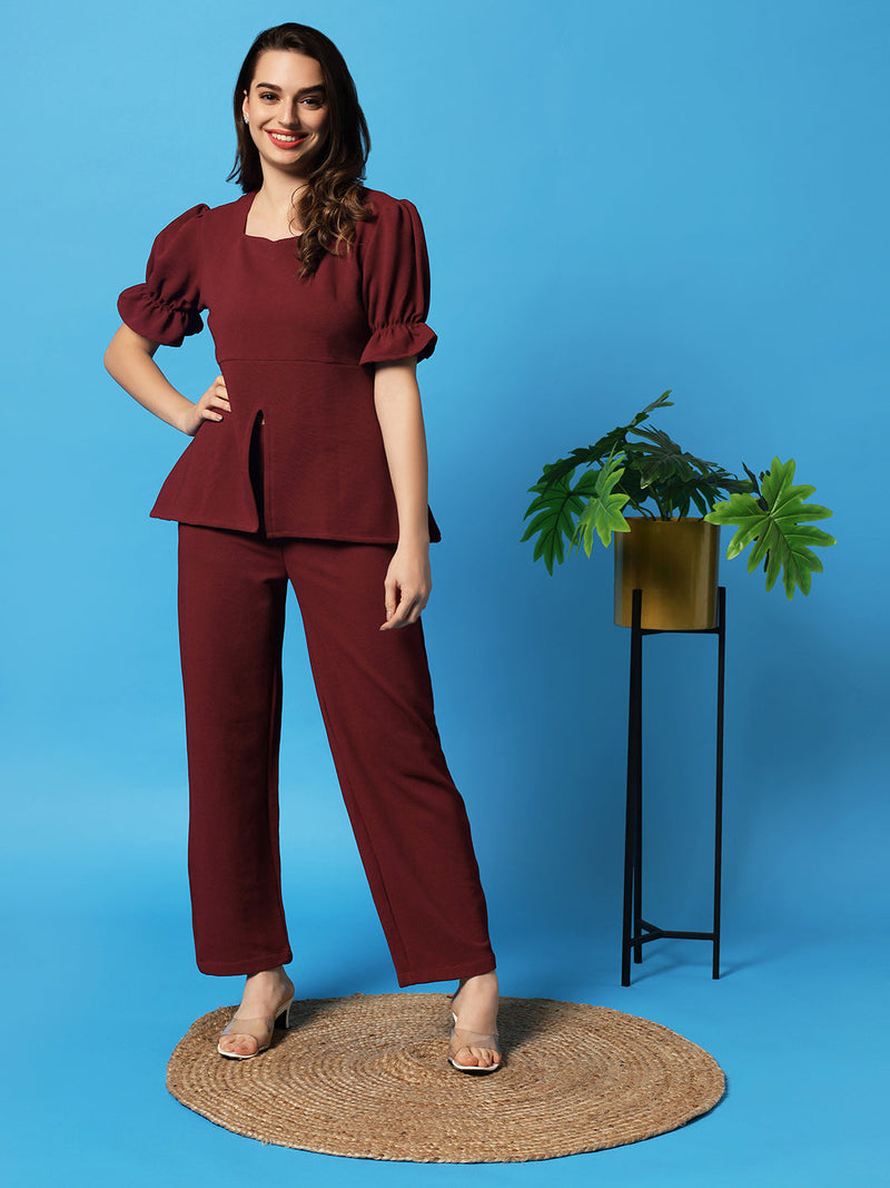 Sea & Mast - Stretchable Regular Fit Textured Poly-Viscose Co-ords, Collared Button Closure, Waist Length With Elasticated Waist Pant, Wine, Plus Size