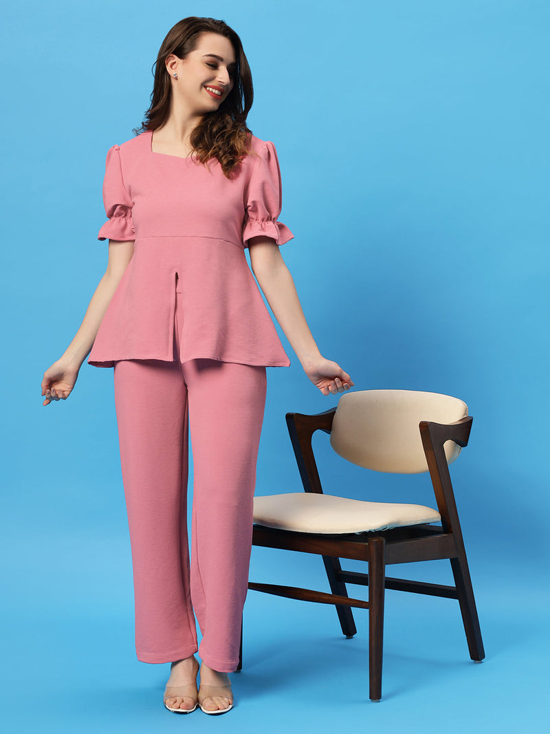 Sea & Mast - Stretchable Regular Fit Textured Poly-Viscose Co-ords, Collared Button Closure, Waist Length With Elasticated Waist Pant, Blush Pink, Plus Size