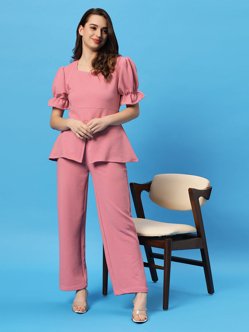 Sea & Mast - Stretchable Regular Fit Textured Poly-Viscose Co-ords, Collared Button Closure, Waist Length With Elasticated Waist Pant, Blush Pink, Custom