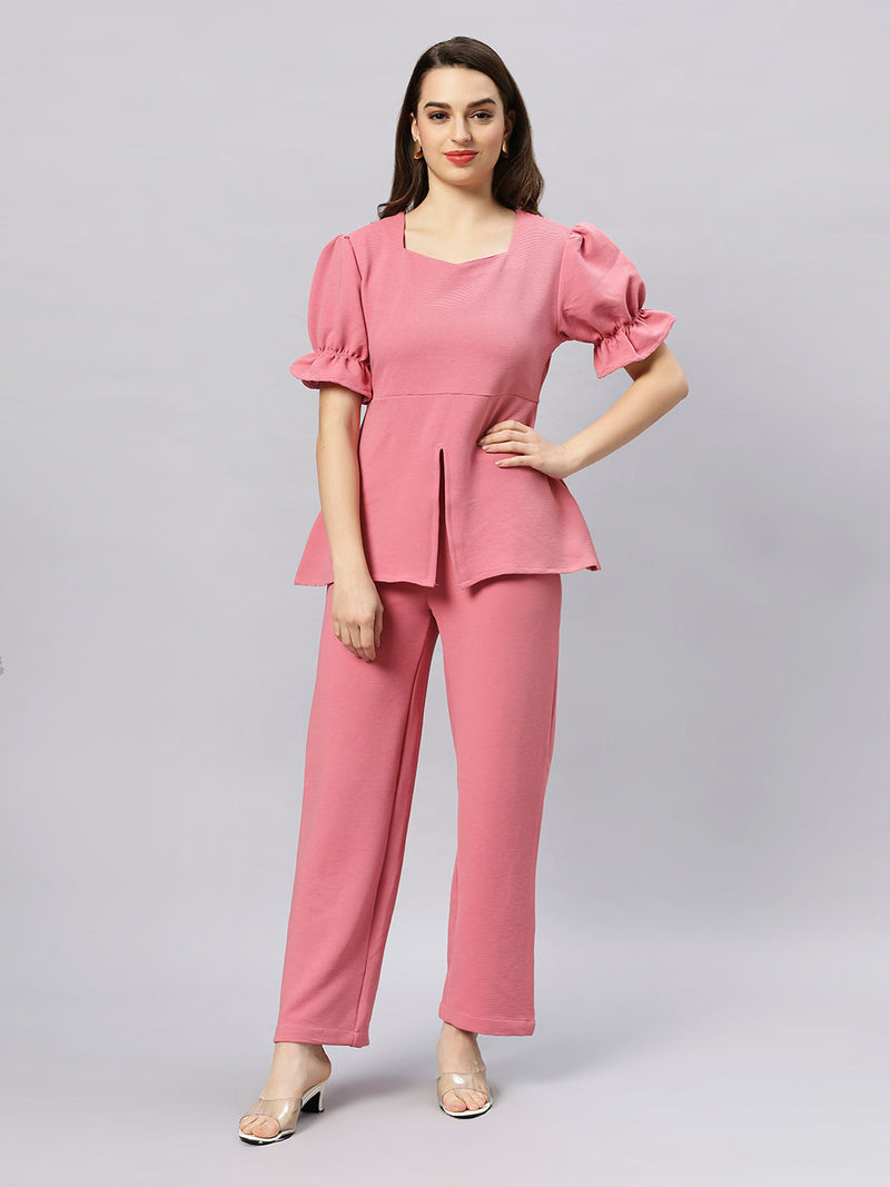 Sea & Mast - Stretchable Regular Fit Textured Poly-Viscose Co-ords, Collared Button Closure, Waist Length With Elasticated Waist Pant, Blush Pink, Plus Size