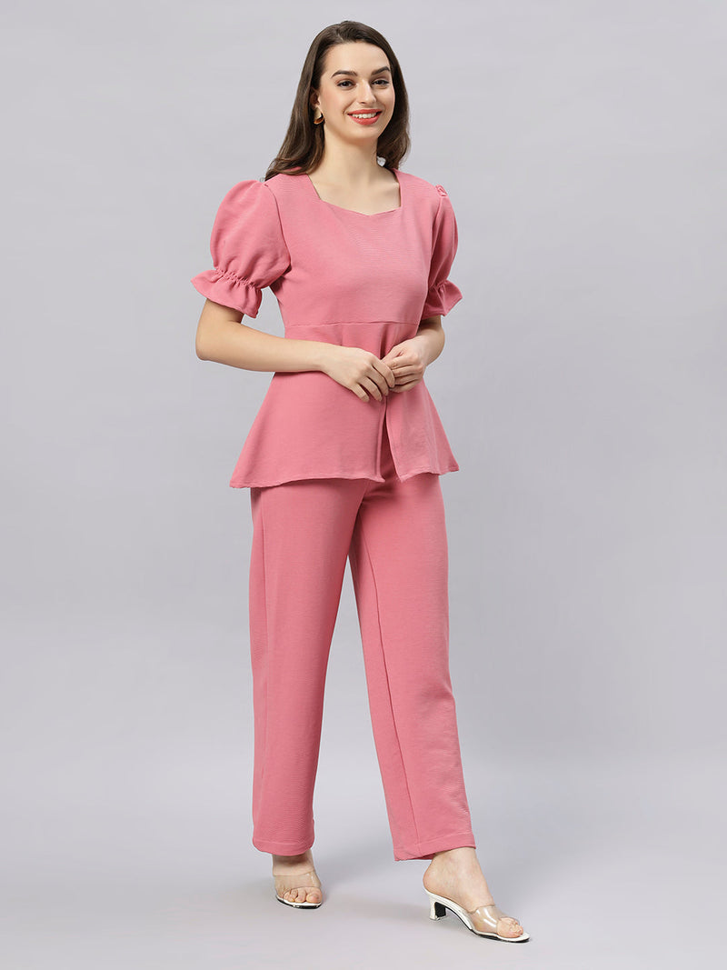 Sea & Mast - Stretchable Regular Fit Textured Poly-Viscose Co-ords, Collared Button Closure, Waist Length With Elasticated Waist Pant, Blush Pink, Custom