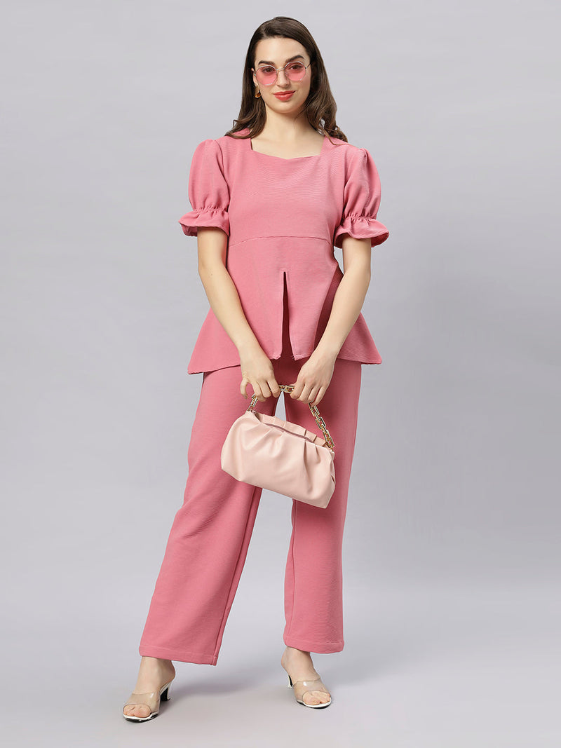 Sea & Mast - Stretchable Regular Fit Textured Poly-Viscose Co-ords, Collared Button Closure, Waist Length With Elasticated Waist Pant, Blush Pink, Custom