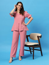 Sea & Mast - Stretchable Regular Fit Textured Poly-Viscose Co-ords, Collared Button Closure, Waist Length With Elasticated Waist Pant, Blush Pink, Plus Size